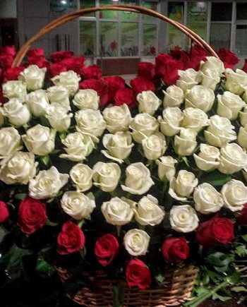 Korpa srce sa 101 belom i crvenom ružom