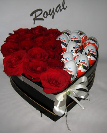Box of flowers srce sa ružom i kinder jajima